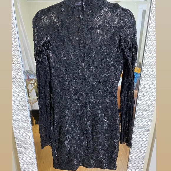 Vintage Black Lace Midi Dress with Beaded Fringe Detail - Picture 4 of 7